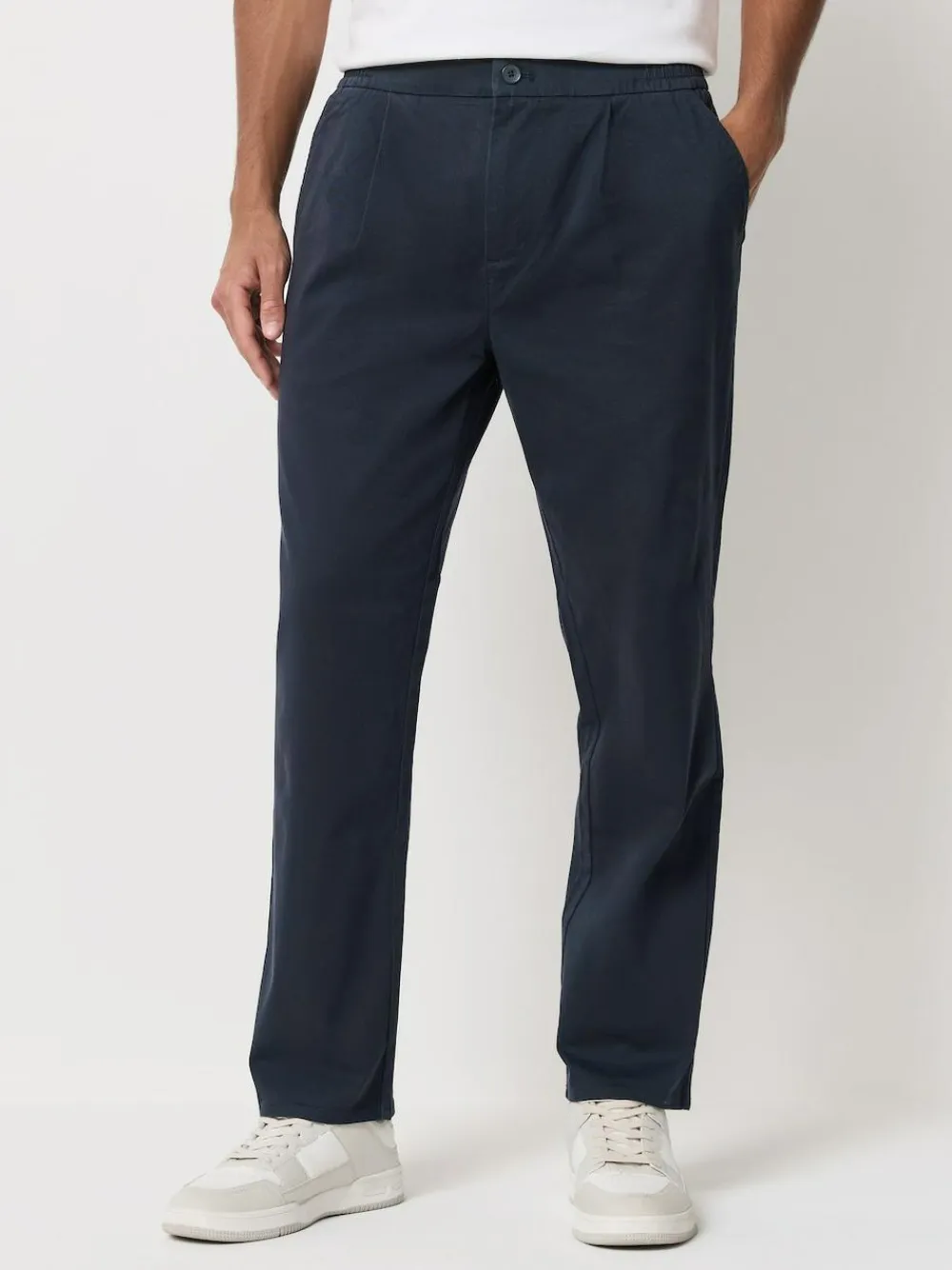 Next Straight Fit Pleated Stretch Chinos Trousers With Elasticated Waist Navy