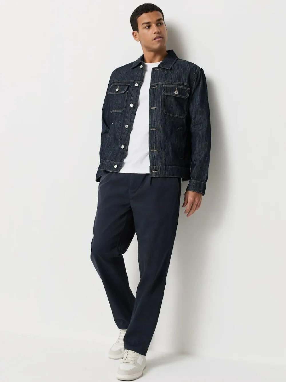 Next Straight Fit Pleated Stretch Chinos Trousers With Elasticated Waist Navy