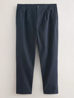 Next Straight Fit Pleated Stretch Chinos Trousers With Elasticated Waist Navy