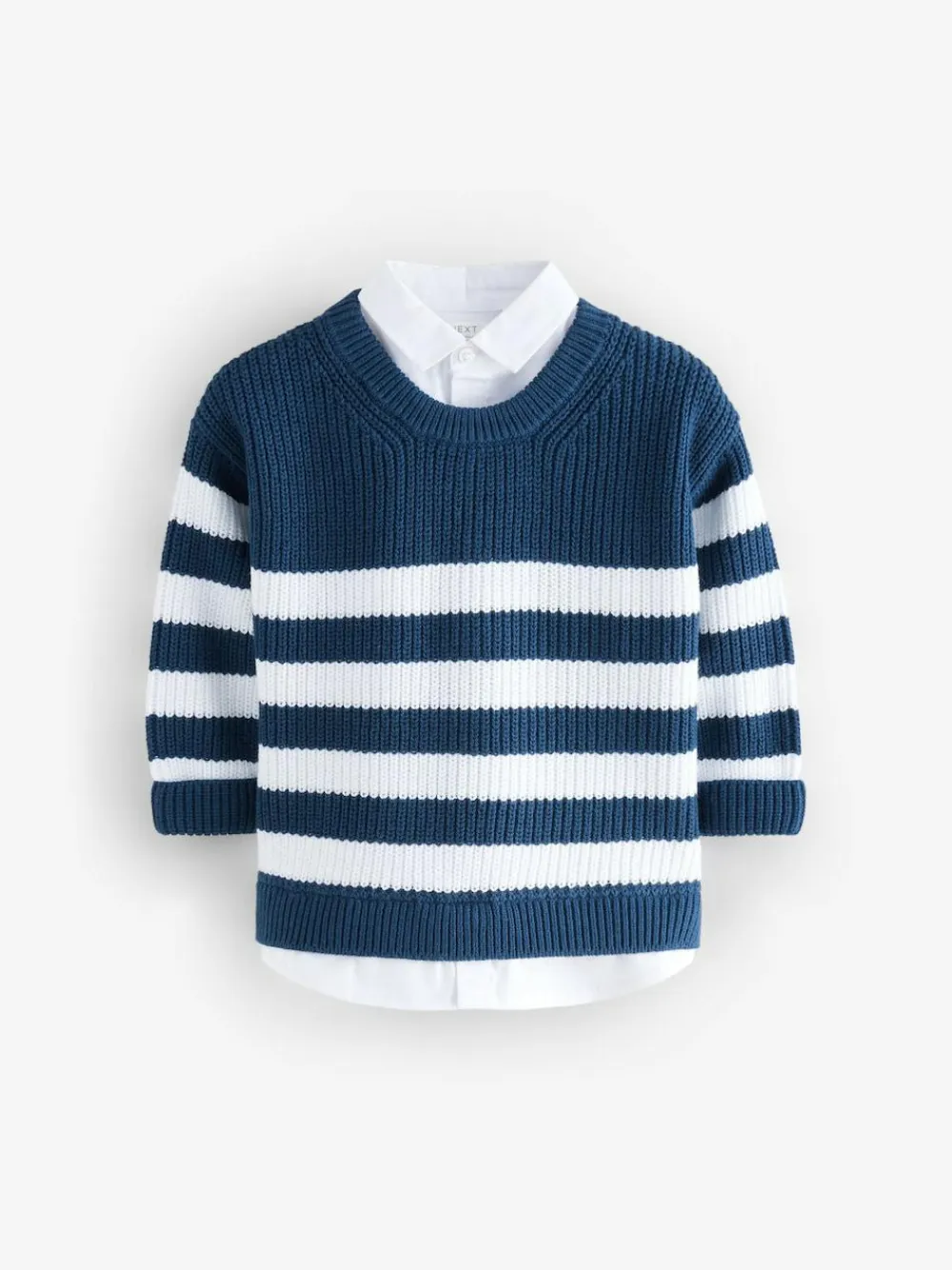 Best Next Navy Stripe 100% Cotton Knitted Mock Shirt Jumper (3mths-7yrs)