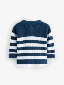 Best Next Navy Stripe 100% Cotton Knitted Mock Shirt Jumper (3mths-7yrs)