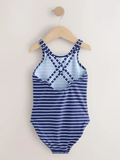 Next Navy Stripe Double Strap Swimsuit (3-16yrs)^ Swimwear|Swimwear