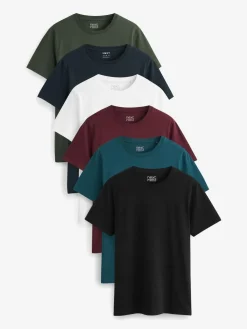 Next Navy/ Teal/ White/ Black/ Green/ Burgundy Regular Fit Essential Cotton T-Shirts 6 Pack^ Nightwear|Tops & T-Shirts