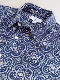Next Textured Embroidered Tile Short Sleeve Shirt Navy