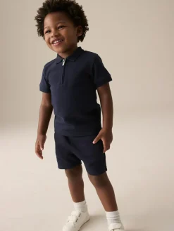 Best Next Navy Textured Short Sleeve Polo Shirt And Shorts Set (3mths-7yrs)