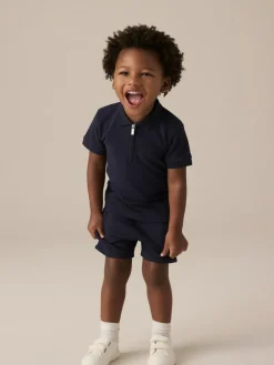 Best Next Navy Textured Short Sleeve Polo Shirt And Shorts Set (3mths-7yrs)
