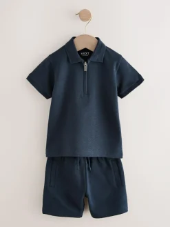 Best Next Navy Textured Short Sleeve Polo Shirt And Shorts Set (3mths-7yrs)