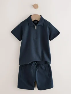 Best Next Navy Textured Short Sleeve Polo Shirt And Shorts Set (3mths-7yrs)