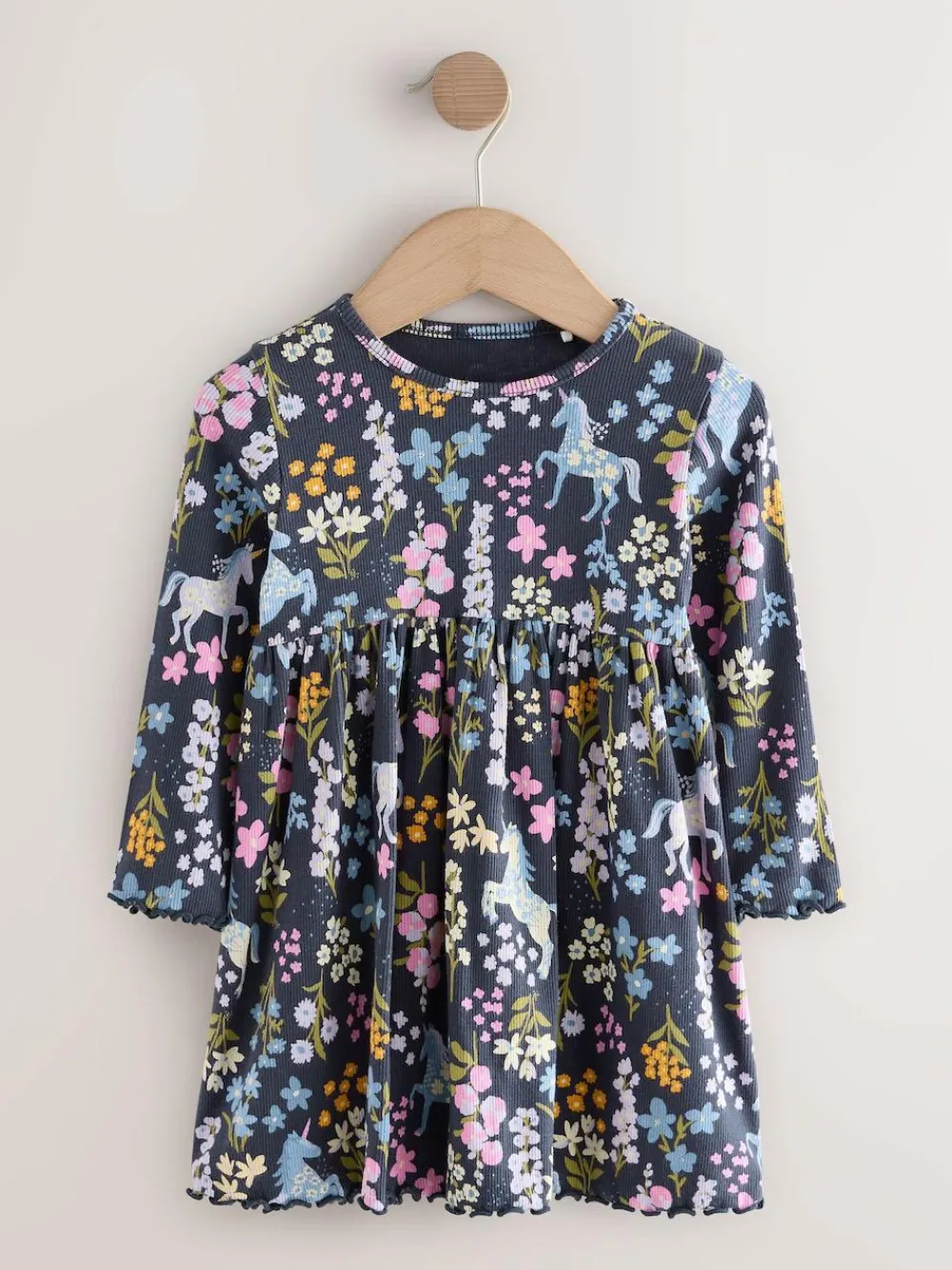 New Next Navy Unicorn Long Sleeve Ribbed Dress (3mths-7yrs)
