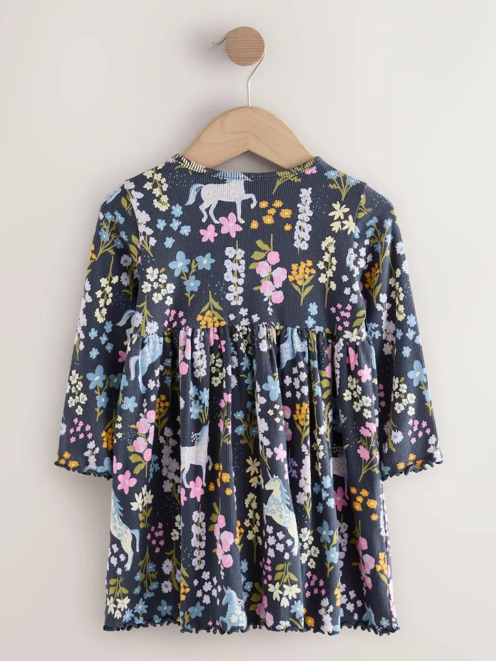 New Next Navy Unicorn Long Sleeve Ribbed Dress (3mths-7yrs)