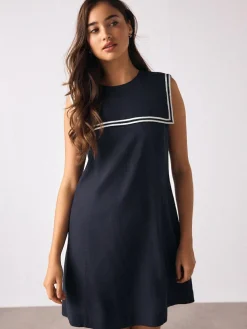 Next Navy with Ecru Tipping Sailor Collar Mini Dress with Linen^Women Dresses