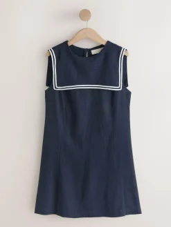 Next Navy with Ecru Tipping Sailor Collar Mini Dress with Linen^Women Dresses