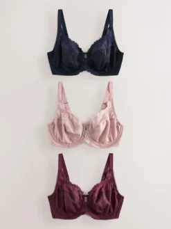 Outlet Next DD+ Lace Trim Non Pad Full Cup Underwired Bras 3 Pack Navy/Berry/Pink