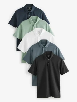 Discount Next Navy/Black/Grey/White/Sage Green Slim Fit Short Sleeve Jersey Polo Shirts 5 Pack