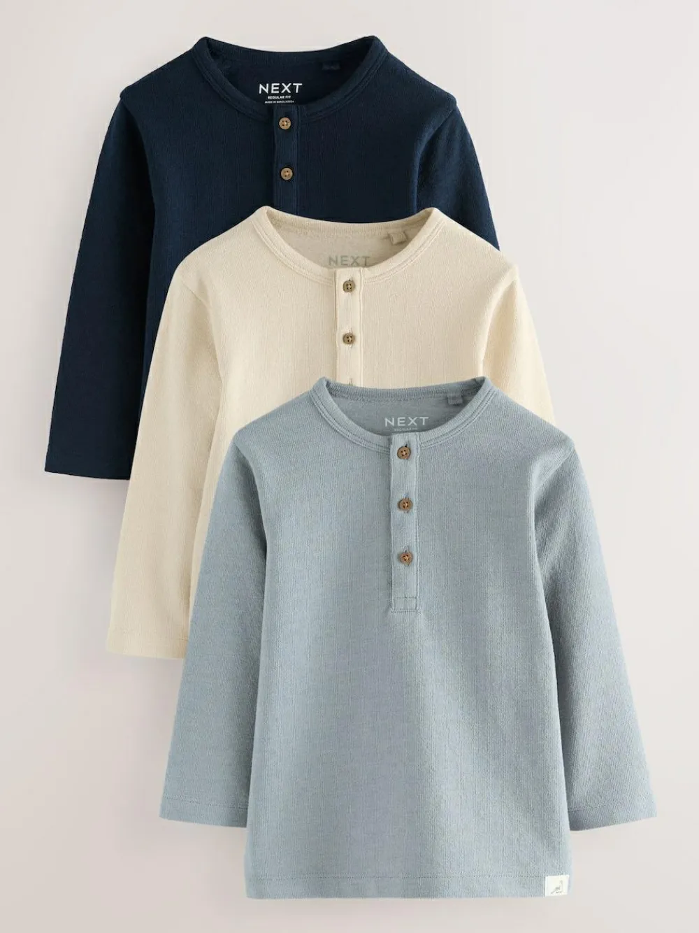 Next Navy/Blue/Stone Long Sleeve Henley T-Shirts 3 Pack (3mths-7yrs)^BOY Tops|Multipacks
