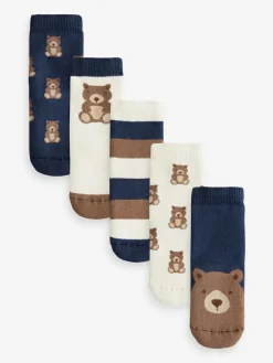 Next Navy/Ecru Bear Cosy Terry Cotton Rich Socks 5 Pack^BOY Socks & Tights|Socks & Tights