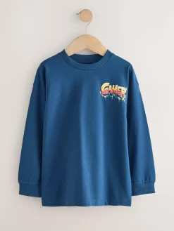 New Next Navy/Grey/Red Gamer Relaxed Fit Graphic Print Long Sleeve T-Shirts 3 Pack (3-16yrs)