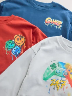 New Next Navy/Grey/Red Gamer Relaxed Fit Graphic Print Long Sleeve T-Shirts 3 Pack (3-16yrs)