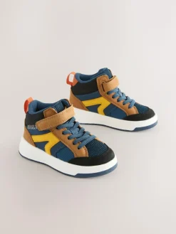 Next Touch Fastening Elastic Lace Hi Top Trainers Navy/Tan Colourblock