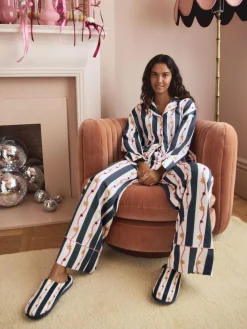 Next Navy/White Stripe Plush Mule Slippers^Women Slippers