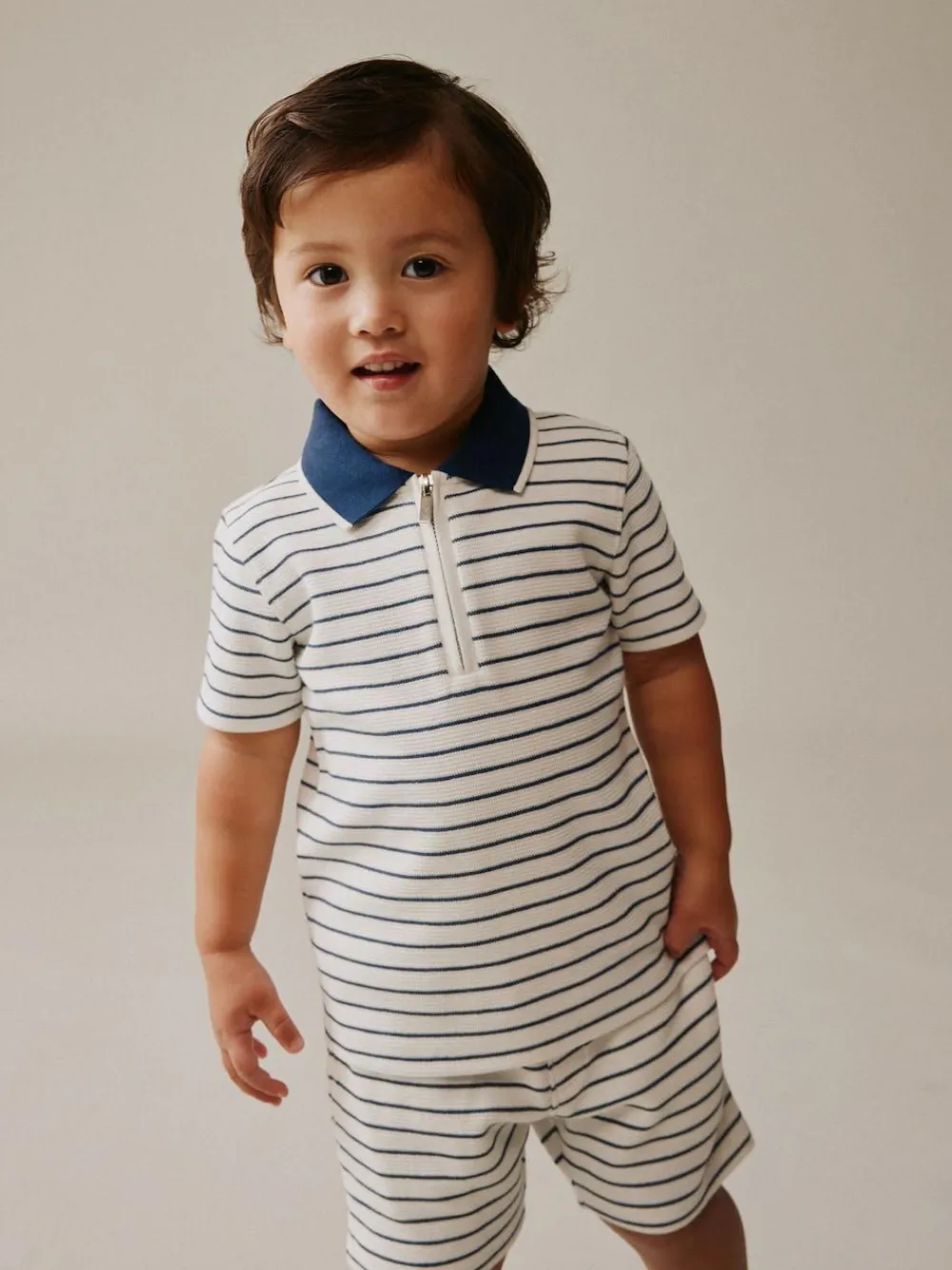Next Navy/White Stripe Zip Neck Short Sleeve Polo Shirt And Shorts Set (3mths-7yrs)^BOY Shorts|Shorts