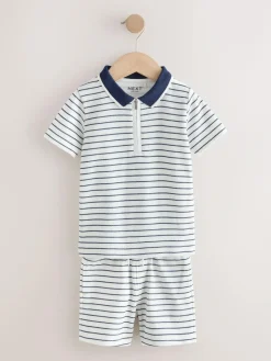 Next Navy/White Stripe Zip Neck Short Sleeve Polo Shirt And Shorts Set (3mths-7yrs)^BOY Shorts|Shorts