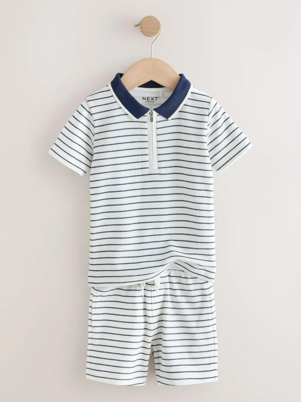 Next Navy/White Stripe Zip Neck Short Sleeve Polo Shirt And Shorts Set (3mths-7yrs)^BOY Shorts|Shorts
