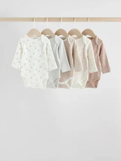 Next Neutral 100% Cotton Long Sleeve Baby Bodysuits 5 Pack^BOY Baby Girls|Baby Boys