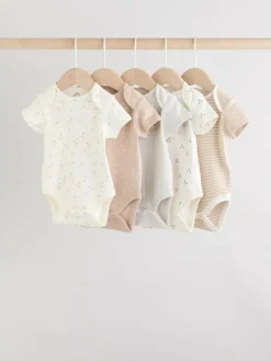 Sale Next Neutral 100% Cotton Short Sleeve Baby Bodysuits 5 Pack