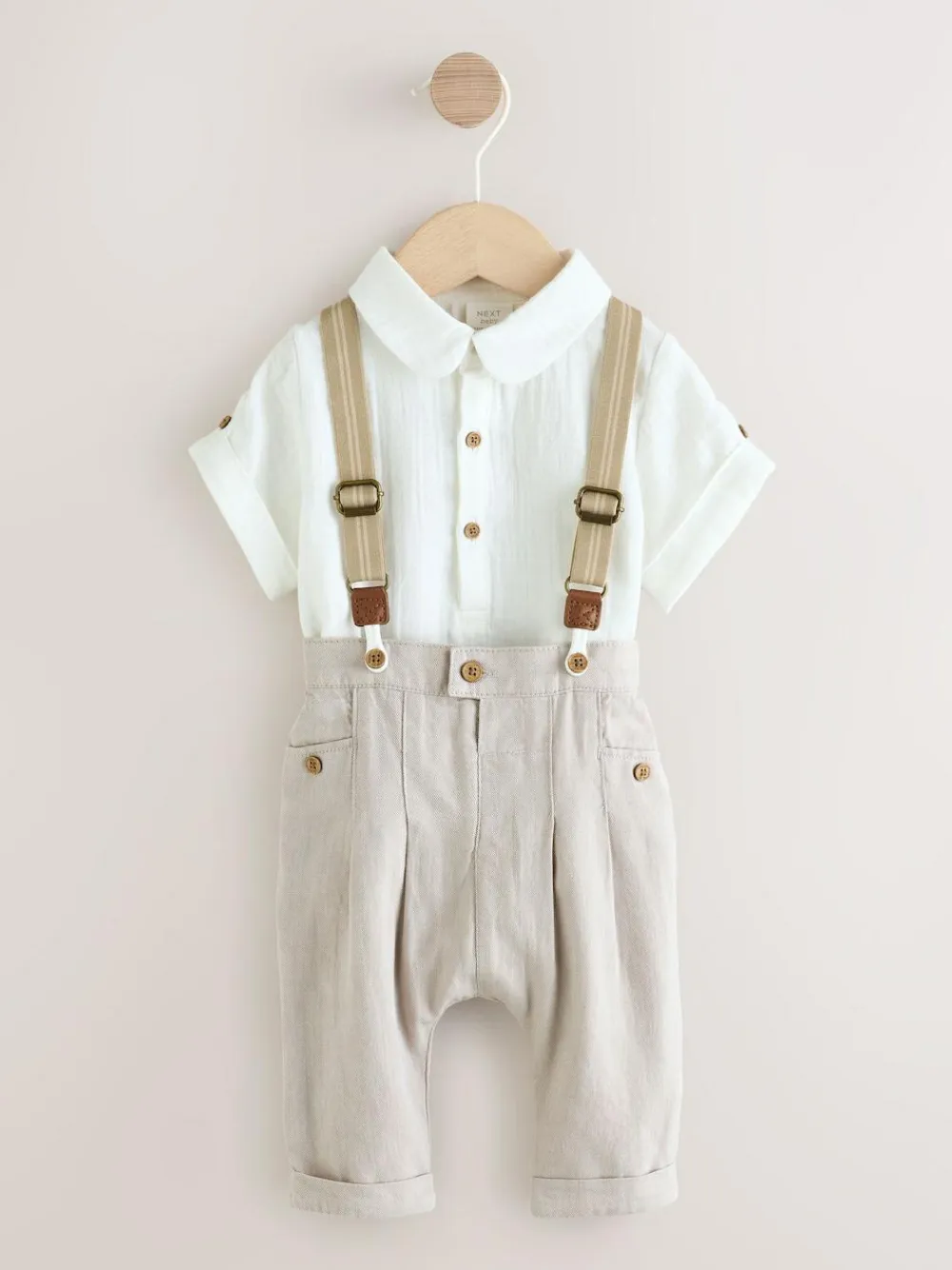 Next Neutral Baby Shirt Trousers and Braces Set 3 Piece (0mths-2yrs)^BOY Shirts|Pants & Chinos