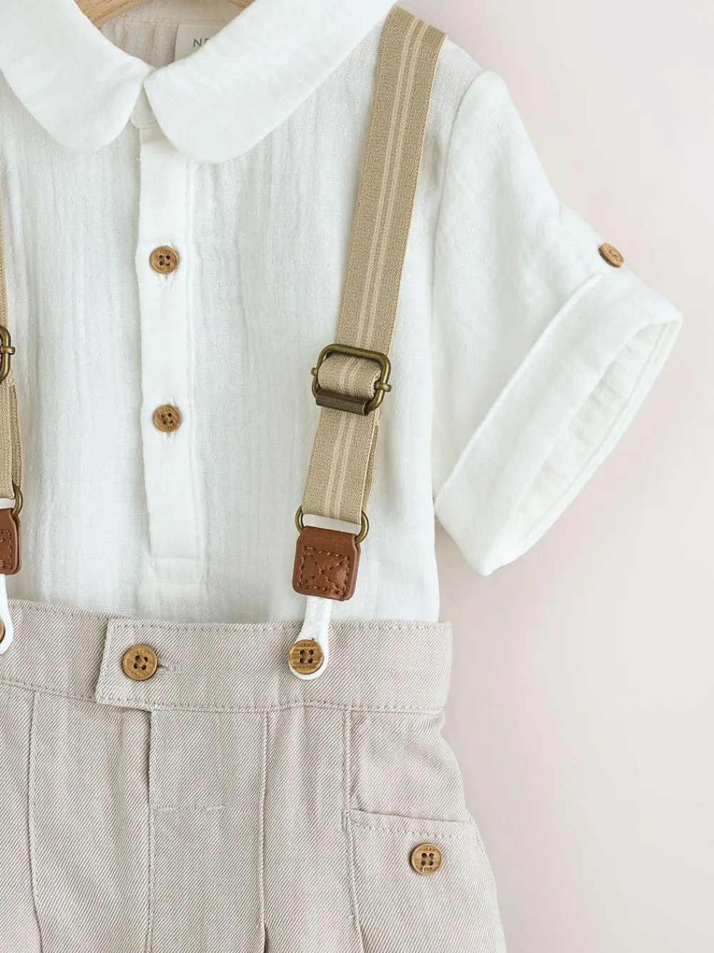 Next Neutral Baby Shirt Trousers and Braces Set 3 Piece (0mths-2yrs)^BOY Shirts|Pants & Chinos