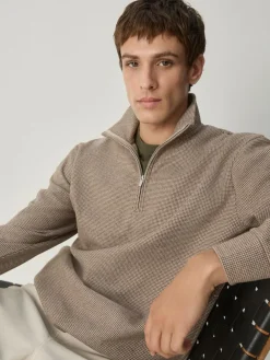 Next Long Sleeve Quarter Zip Jumper Neutral Brown Dogtooth