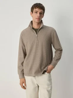 Next Long Sleeve Quarter Zip Jumper Neutral Brown Dogtooth