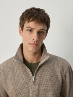 Next Long Sleeve Quarter Zip Jumper Neutral Brown Dogtooth