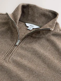 Next Long Sleeve Quarter Zip Jumper Neutral Brown Dogtooth