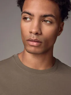 Hot Next Neutral Brown Slim Fit Essential Crew Neck Cotton T-Shirt