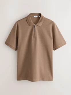 Sale Next Textured Smart Zip Neck Polo Shirt Neutral Brown