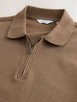 Sale Next Textured Smart Zip Neck Polo Shirt Neutral Brown