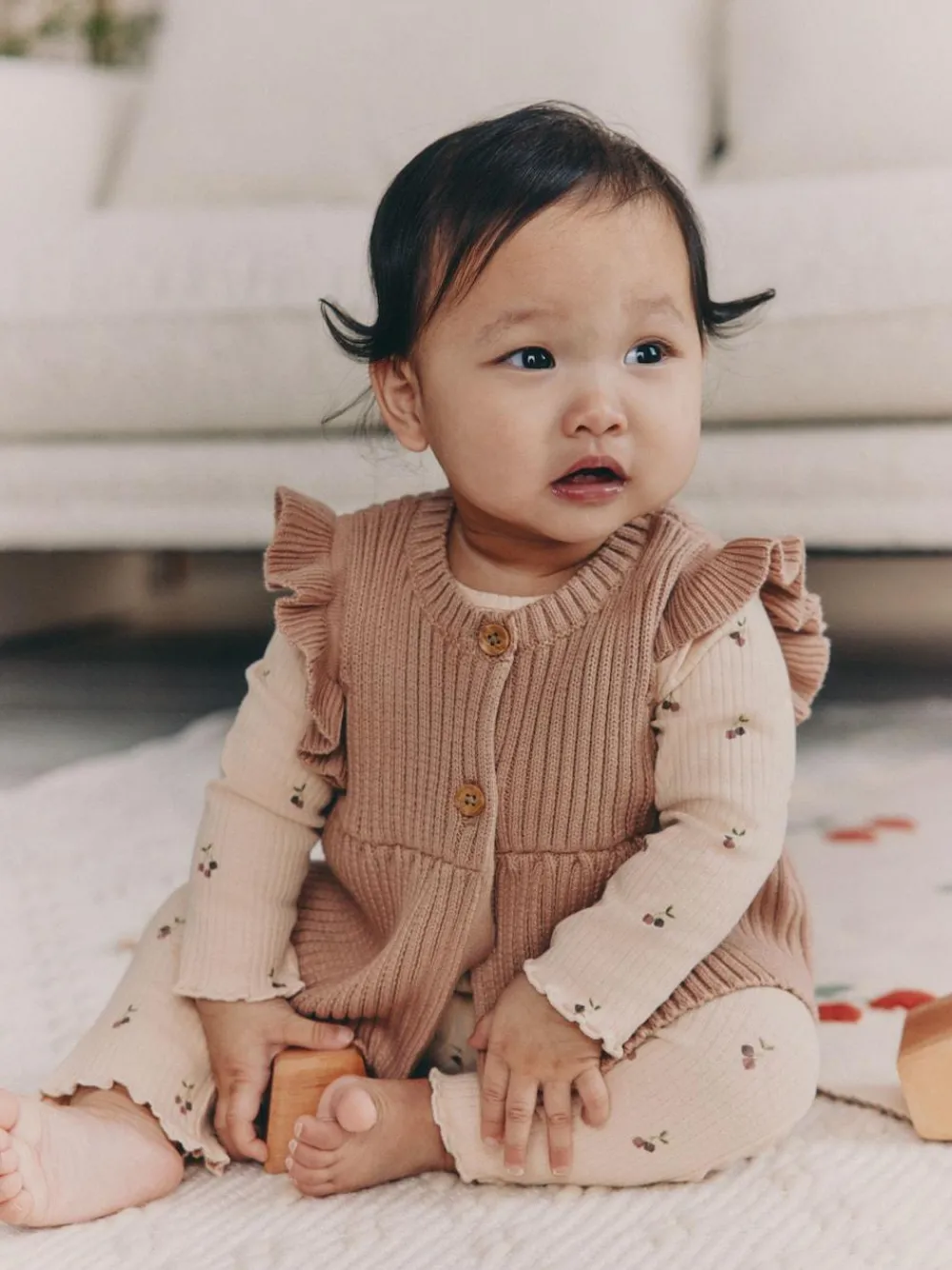 Sale Next Neutral Cherry Knitted Gilet, Long Sleeve Top and Leggings 3 Piece Set (0mths-3yrs)