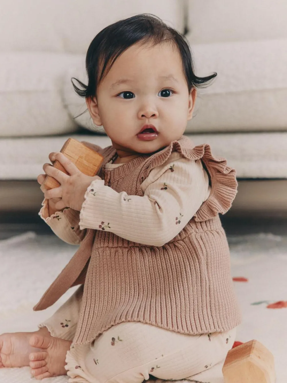 Sale Next Neutral Cherry Knitted Gilet, Long Sleeve Top and Leggings 3 Piece Set (0mths-3yrs)