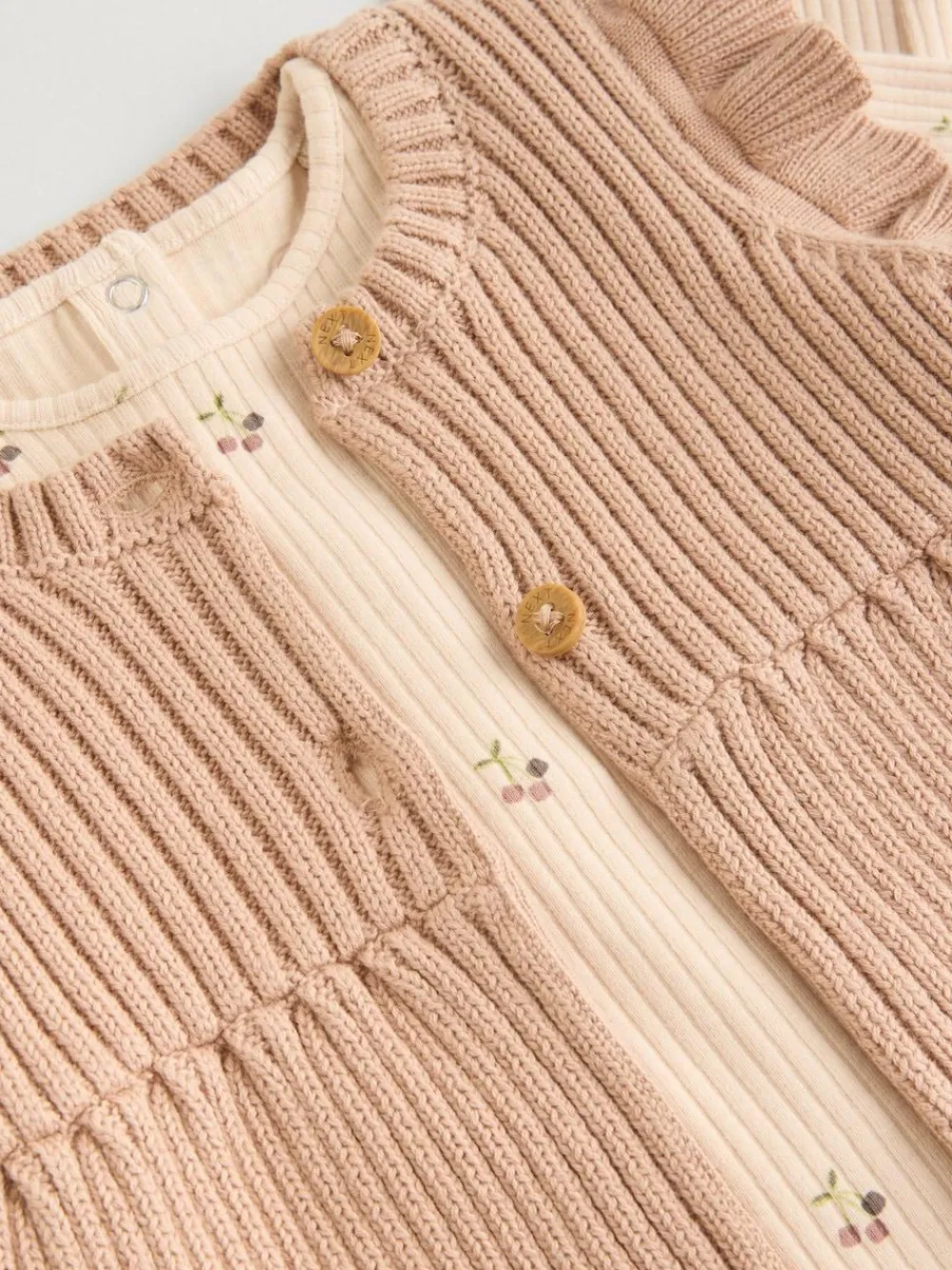 Sale Next Neutral Cherry Knitted Gilet, Long Sleeve Top and Leggings 3 Piece Set (0mths-3yrs)