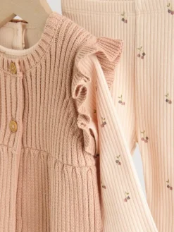 Sale Next Neutral Cherry Knitted Gilet, Long Sleeve Top and Leggings 3 Piece Set (0mths-3yrs)