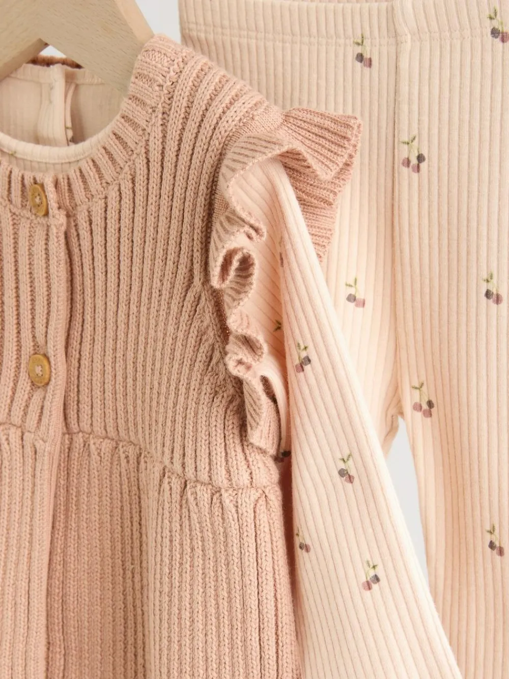 Sale Next Neutral Cherry Knitted Gilet, Long Sleeve Top and Leggings 3 Piece Set (0mths-3yrs)