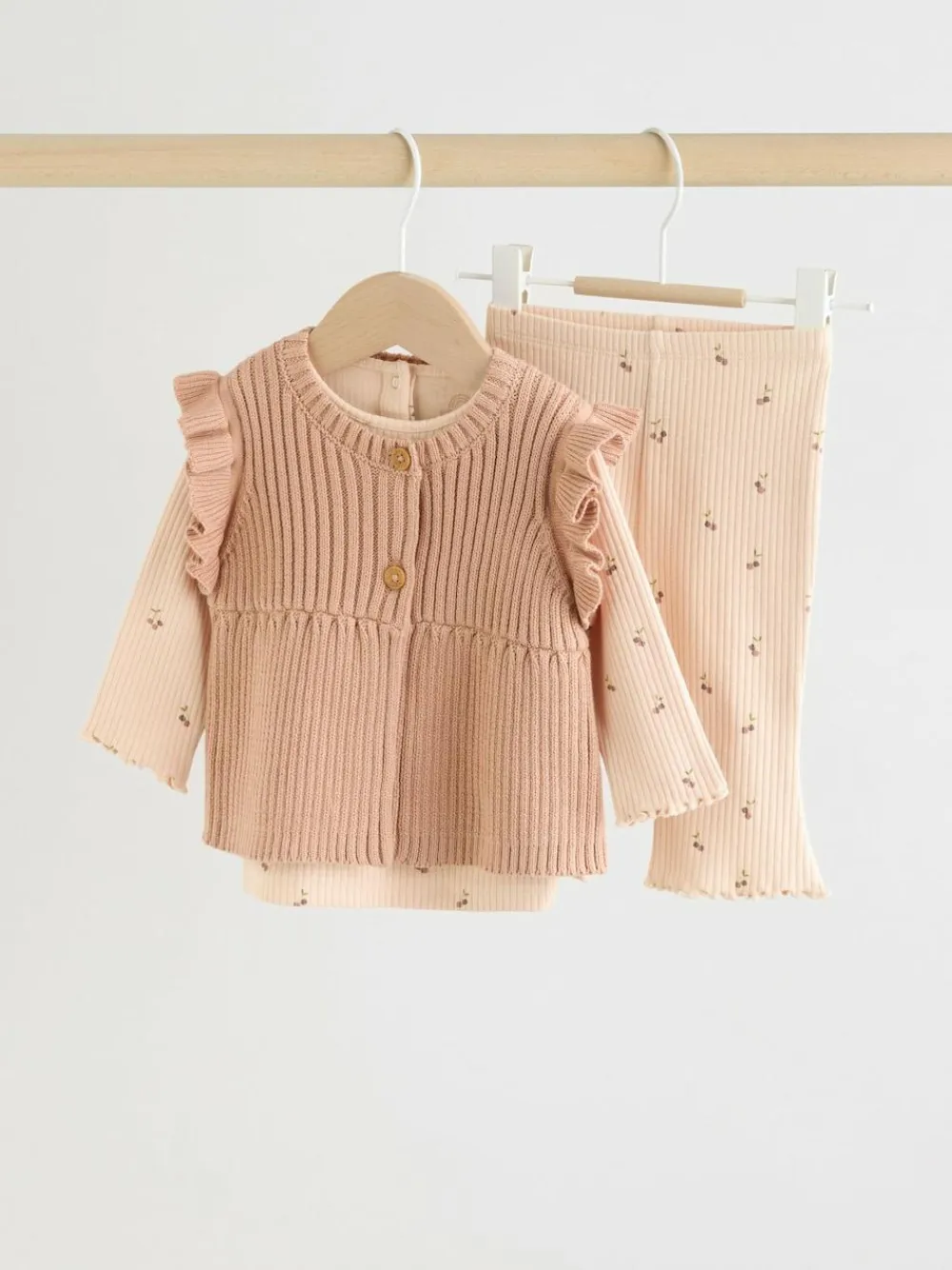 Sale Next Neutral Cherry Knitted Gilet, Long Sleeve Top and Leggings 3 Piece Set (0mths-3yrs)