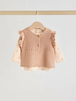 Sale Next Neutral Cherry Knitted Gilet, Long Sleeve Top and Leggings 3 Piece Set (0mths-3yrs)