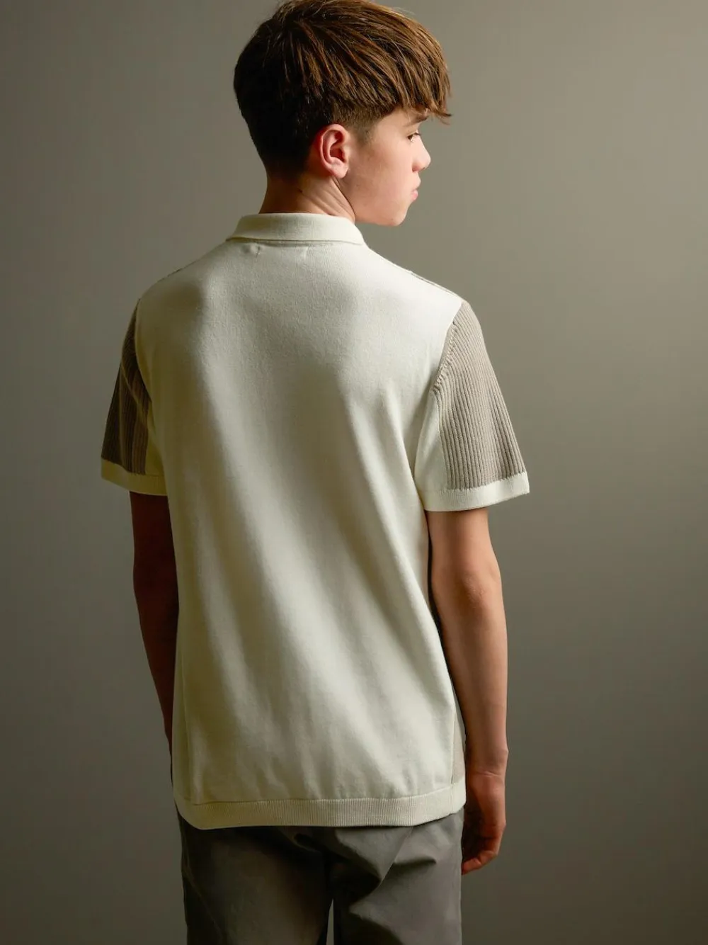 Outlet Next Neutral Colourblock Knitted Zip Neck Polo Shirt (3-16yrs)