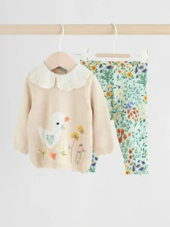 Best Next Neutral Duck/ Sage Ditsy Baby Knitted Jumper and Leggings 2 Piece Set (0mths-3yrs)