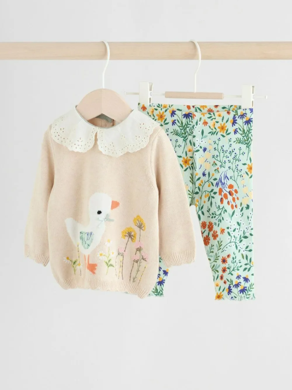 Best Next Neutral Duck/ Sage Ditsy Baby Knitted Jumper and Leggings 2 Piece Set (0mths-3yrs)