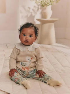 Best Next Neutral Duck/ Sage Ditsy Baby Knitted Jumper and Leggings 2 Piece Set (0mths-3yrs)