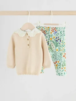 Best Next Neutral Duck/ Sage Ditsy Baby Knitted Jumper and Leggings 2 Piece Set (0mths-3yrs)